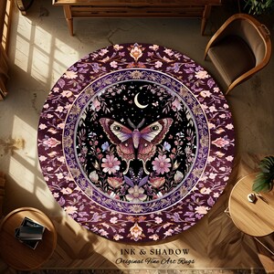 Purple Moth Celestial Rug Boho Fairycore Dark Floral Decor | Enchanted Fairy Cottagecore Butterfly Lovers Moth Moon Rug Whimsical Goth Gift Bild 4
