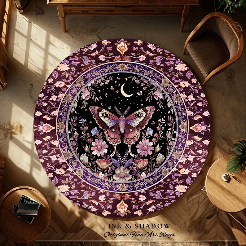 Purple Moth Celestial Rug Boho Fairycore Dark Floral Decor | Enchanted Fairy Cottagecore Butterfly Lovers Moth Moon Rug Whimsical Goth Gift Bild 4
