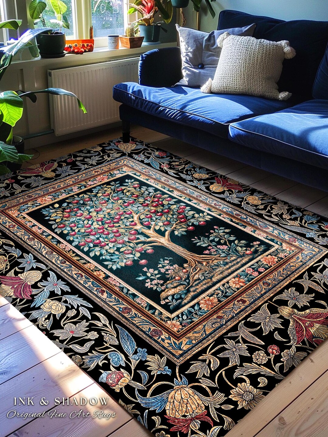 Medieval Cherry Tree of Life Area Rug | Baroque Botanical Pattern ...