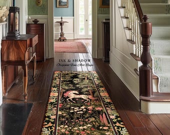 Enchanted Forest Unicorn Runner Rug Mystical Medieval Woodland Gothic | Romantic Baroque Art Renaissance Decor Fairycore Vintage Aesthetic