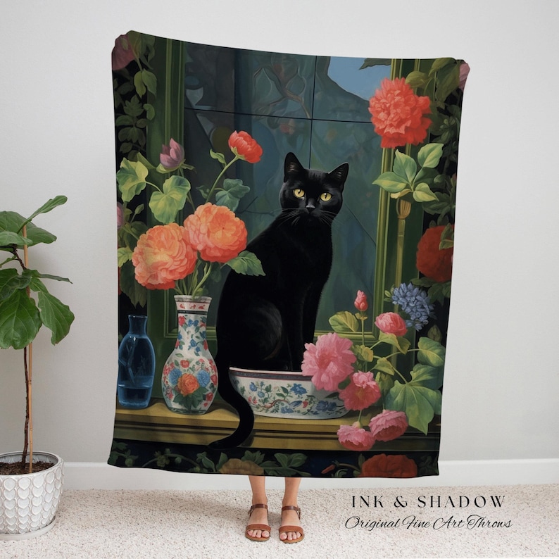 Floral Cat Blanket Woven Tapestry Gothic Decor | Dark Floral Black Cat Woven Blanket Fine Art Wall Art Funny Tapestry Whimsigoth Room Decor image 6