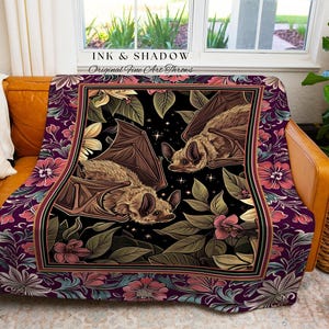 Romantic Victorian Gothic Bat Blanket Whimsical Dark Floral Baroque Forestcore | Ethereal Botanical Woodland Cottagecore Art Tapestry Throw bild 7