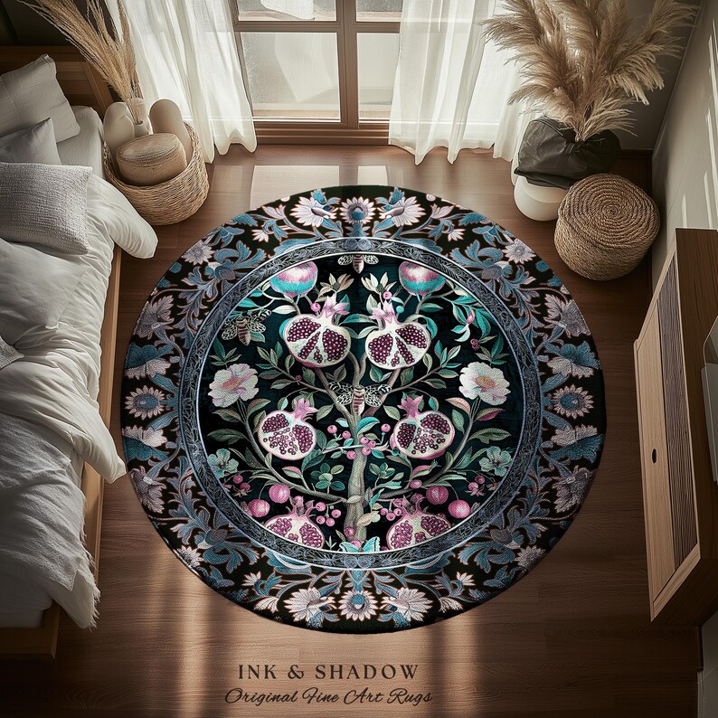 Enchanted Floral Pomegranate Rug Whimsigothic Botanical Witch Cottagecore Decor, Witchy Dark Academia Indigo Blue Forestcore Art Nouveau Rug imagem 11