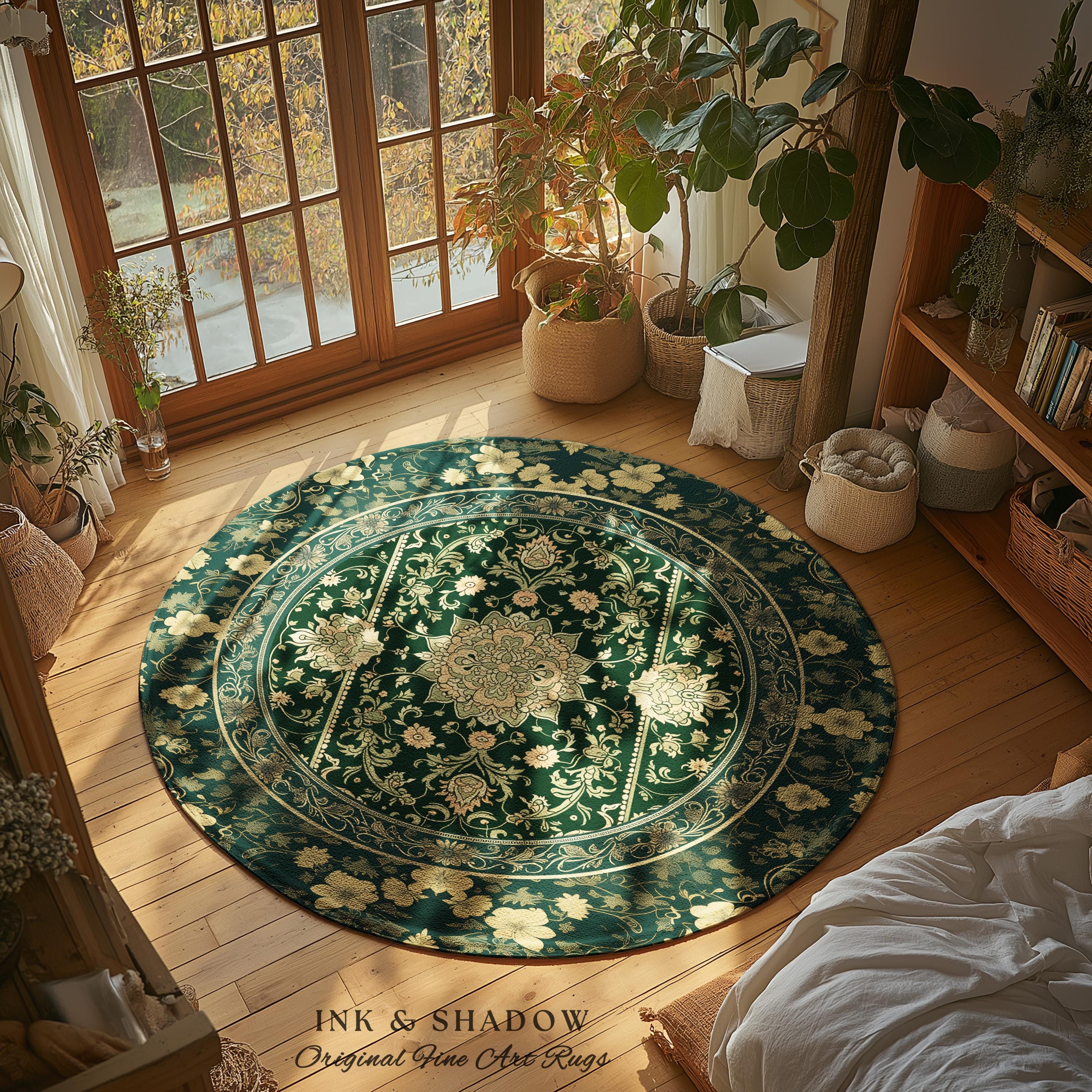 Victorian Botanical Medallion Emerald Green Rug Antique Rose Gold