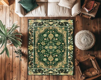 Ornate Emerald Green Accent Rug | Bohemian Style Cottagecore Area Rug Hippie Aesthetic Forest Green Detail Vibrant Color Bedroom Decor Retro