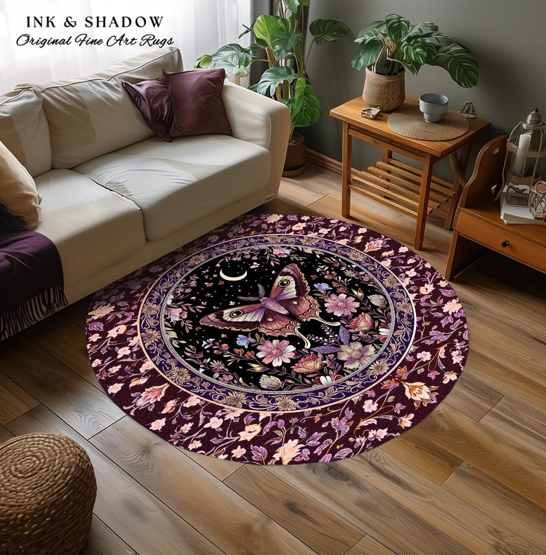 Purple Moth Celestial Rug Boho Fairycore Dark Floral Decor | Enchanted Fairy Cottagecore Butterfly Lovers Moth Moon Rug Whimsical Goth Gift Bild 19