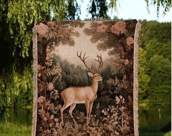Misty Forest Woodland Blanket | Mystical Aesthetic Folklore Tapestry William Morris Decor Dark Cottagecore Deer Gift Cozy Throw Whimsical