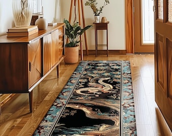 Dark Nature Enchanting Dragon Art Exotic Home Decor Mystical Fantasy Dragon Runner Rug | Ethereal Woodland Magical Creature Goblincore Rugs