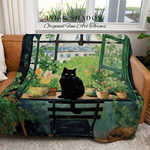Cat Tapestry Botanical Blanket Woven Throw | Black Cat Painting Wall Art Pastel Decor Indie Aesthetic Dorm Room Tapestry Blanket Cute Cat zdjęcie 7