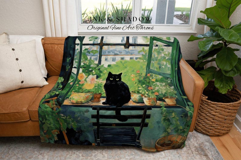 Cat Tapestry Botanical Blanket Woven Throw | Black Cat Painting Wall Art Pastel Decor Indie Aesthetic Dorm Room Tapestry Blanket Cute Cat zdjęcie 7