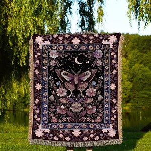 Purple Moth Celestial Blanket Boho Fairycore Dark Floral Decor | Enchanted Goth Cottagecore Butterfly Lovers Moth Moon Tapestry Whimsical image 2