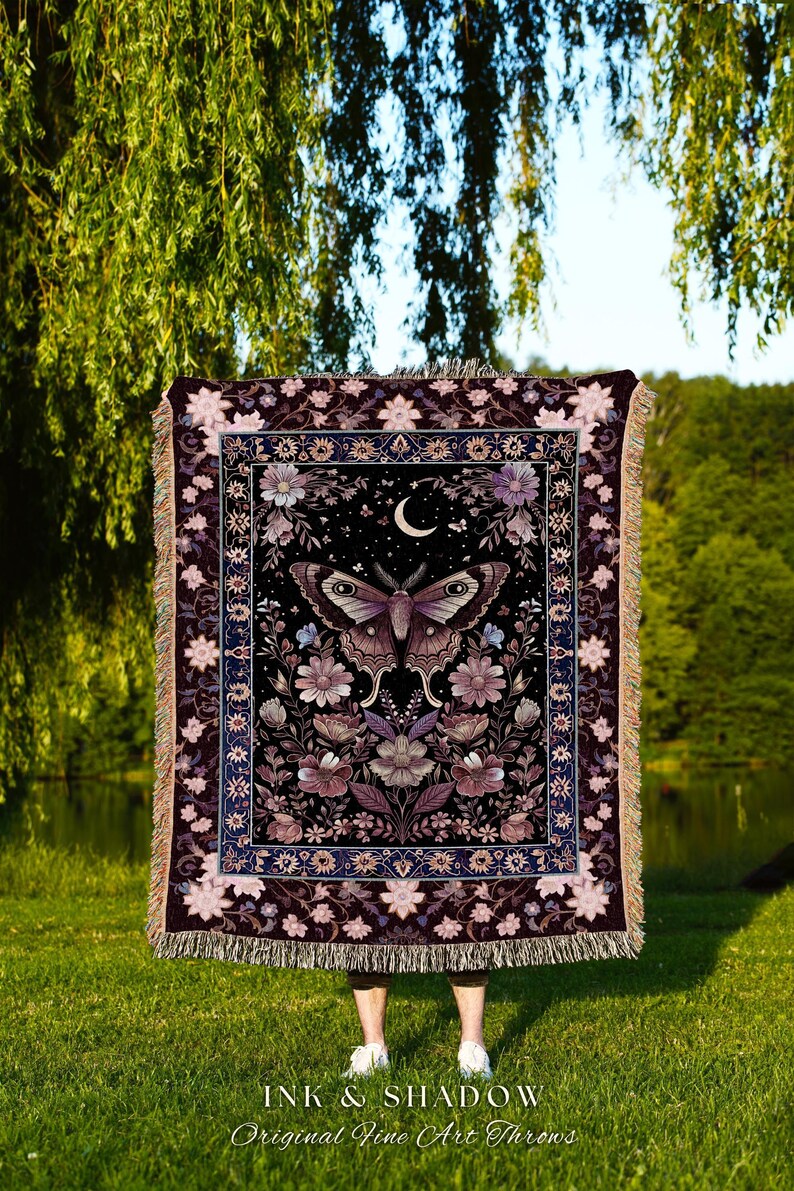 Purple Moth Celestial Blanket Boho Fairycore Dark Floral Decor | Enchanted Goth Cottagecore Butterfly Lovers Moth Moon Tapestry Whimsical image 2