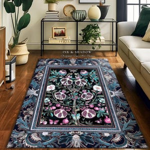 Enchanted Floral Pomegranate Rug Whimsigothic Botanical Witch Cottagecore Decor, Witchy Dark Academia Indigo Blue Forestcore Art Nouveau Rug imagem 1