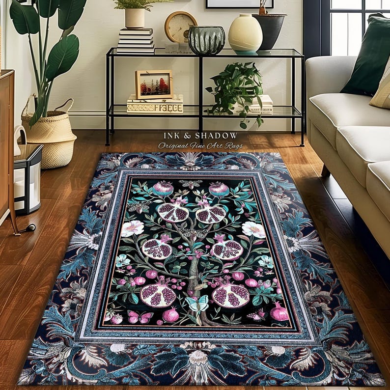 Enchanted Floral Pomegranate Rug Whimsigothic Botanical Witch Cottagecore Decor, Witchy Dark Academia Indigo Blue Forestcore Art Nouveau Rug imagem 1