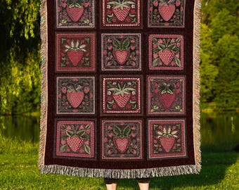 Dark Cottagecore Coquette Strawberry Tapestry Throw Victorian Gothic Decor | Vintage Aesthetic Retro Red Berry Checkered Blanket Woven Art
