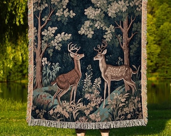 Woven Deer Folk Art Tapestry Blanket Woodland Cottagecore Throw William Morris Decor Gothic Forestcore Aesthetic Bedding Nature Art Academia