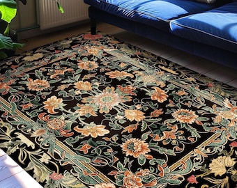 Peachy Floral Area Rug | Dark Floral Woodland Living Room Home Decor Rustic Housewarming Gift Cottagecore Earth Tone Bedroom Floor Mat |