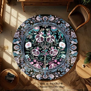 Enchanted Floral Pomegranate Rug Whimsigothic Botanical Witch Cottagecore Decor, Witchy Dark Academia Indigo Blue Forestcore Art Nouveau Rug imagem 14
