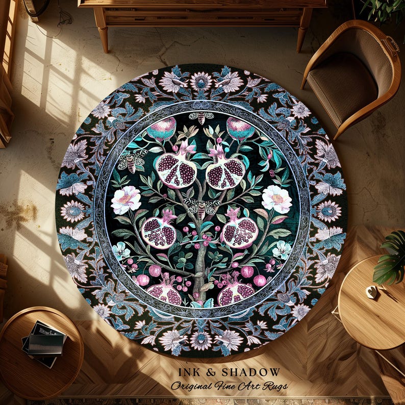 Enchanted Floral Pomegranate Rug Whimsigothic Botanical Witch Cottagecore Decor, Witchy Dark Academia Indigo Blue Forestcore Art Nouveau Rug imagem 14