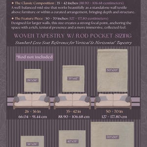 May include: An informational wall tapestry size and style guide by Ink & Shadow. The chart displays three rectangular tapestry sizes: 26x36 inches, 35x42 inches, and 50x70 inches, illustrated with diagrams showing their scale relative to a love seat.