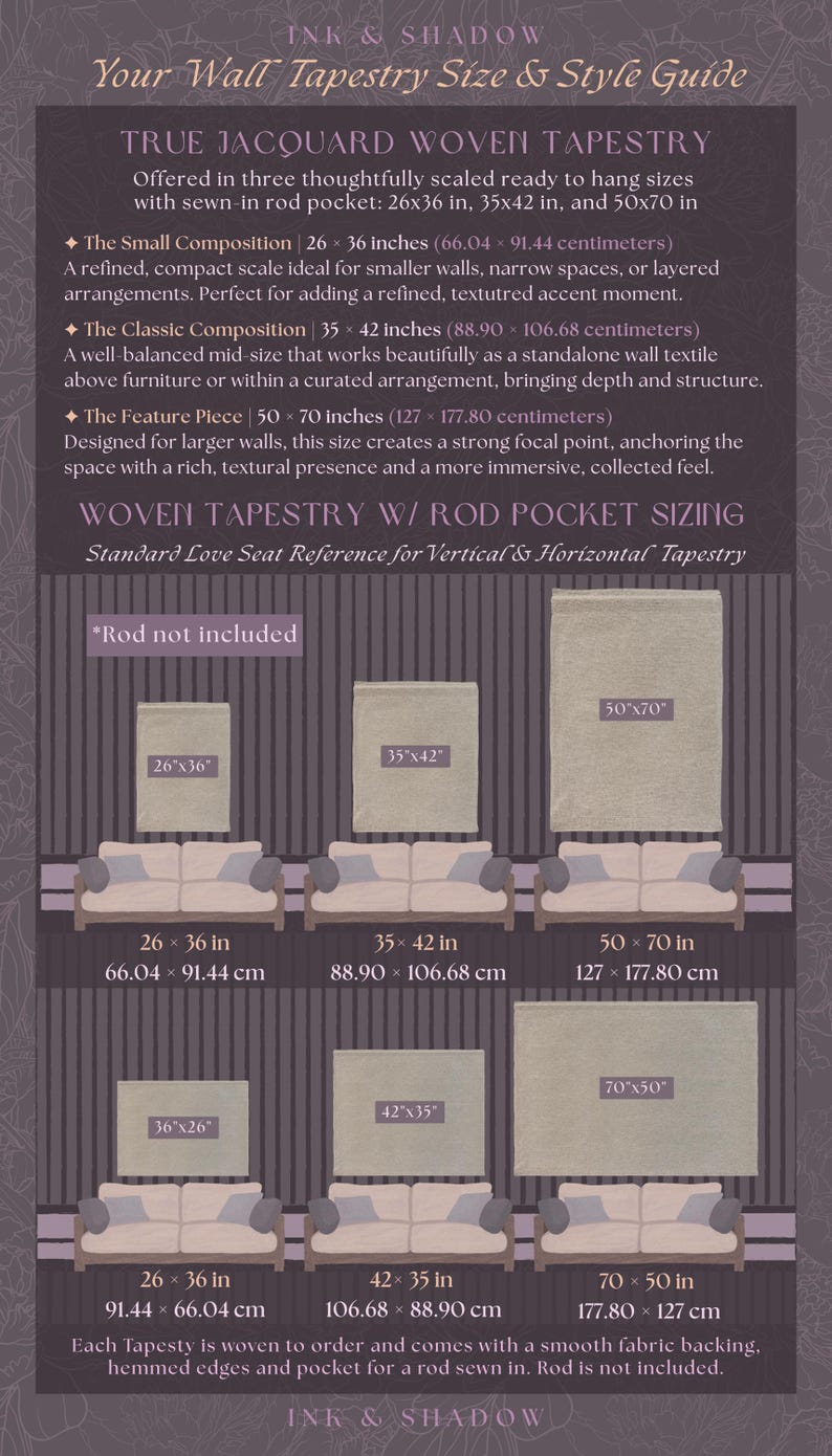 May include: An informational wall tapestry size and style guide by Ink & Shadow. The chart displays three rectangular tapestry sizes: 26x36 inches, 35x42 inches, and 50x70 inches, illustrated with diagrams showing their scale relative to a love seat.