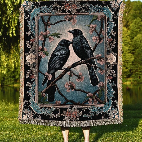 Dark Cottagecore Bird Decor Whimsical Woodland Gothic Raven Tapestry Throw, Academia Whimsigoth Art Crowcore Dusty Blue Enchanted Forestcore