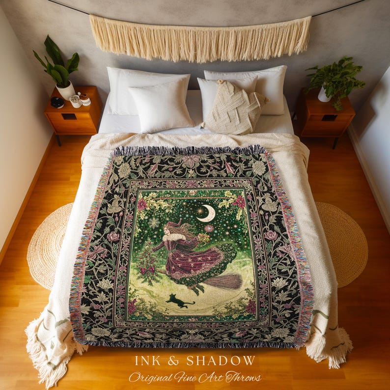 Snowy Magic Celestial Witch Blanket | Gothic Magic Black Cat Woven Tapestry Broomstick Ride Moon Stars Botanical Frame Mystical Folklore Art immagine 6