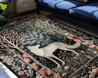 Scandinavian Wolf Rug | Woodland Theme Room Decor William Morris Inspired Cottagecore Aesthetic Fairycore Bedroom Magical Nature Inspired |