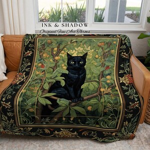 Black Cat Botanical Blanket | Dark Floral Bedroom Decor Cottagecore Reading Corner Gothic Tapestry Woven Dark Fairycore Room Woodland Art image 6
