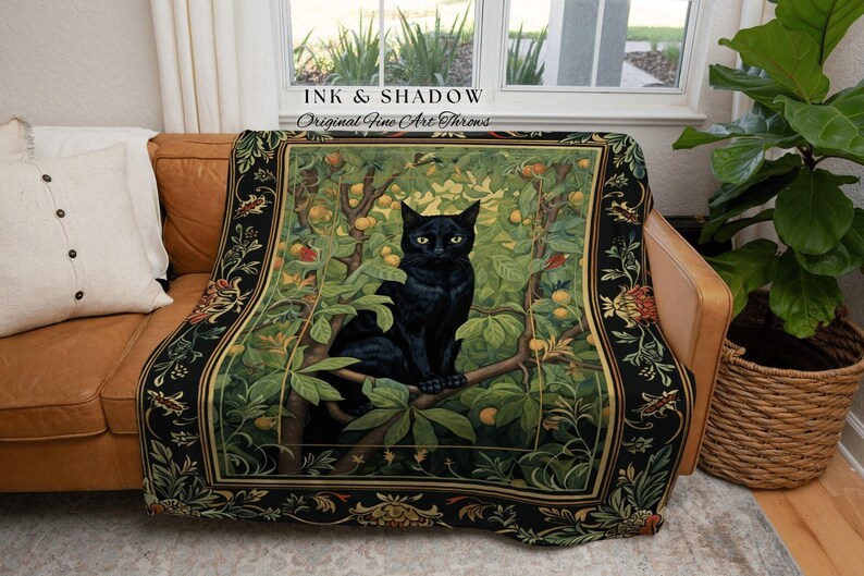 Black Cat Botanical Blanket | Dark Floral Bedroom Decor Cottagecore Reading Corner Gothic Tapestry Woven Dark Fairycore Room Woodland Art image 6