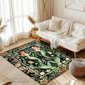 Enchanted Ocean Mermaid Floral Sea Life Rug | Vintage Emerald Green Whimsical Coastal Cottagecore Art Nouveau Underwater Fantasy Ocean Decor 画像 9