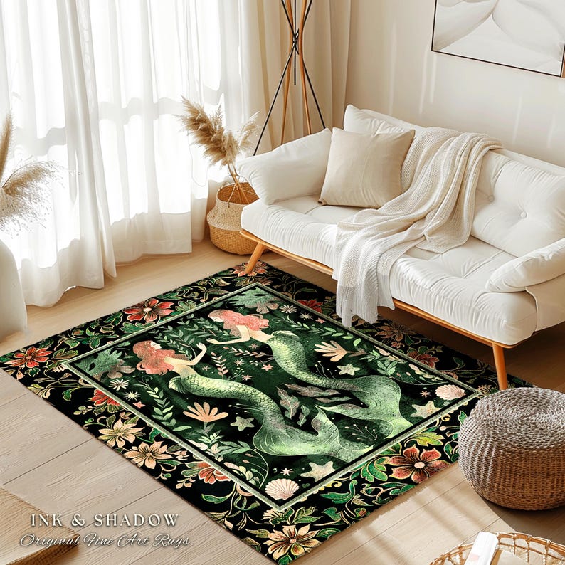 Enchanted Ocean Mermaid Floral Sea Life Rug | Vintage Emerald Green Whimsical Coastal Cottagecore Art Nouveau Underwater Fantasy Ocean Decor 画像 9