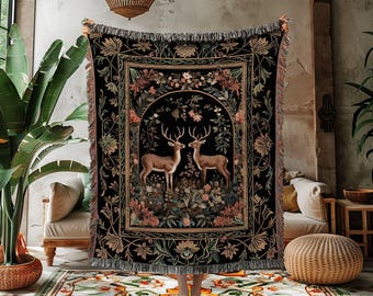 Woodland Aesthetic Blanket Woven | Mystical Room Decor William Morris Inspired Cottagecore Throw Fairycore Tapestry Magical Nature Inspired