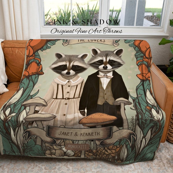 Cute Raccoon Couple Wedding Blanket | Cottagecore Wedding Gothic Raccoon Blanket Couples Tapestry Personalized Mr & Mrs Anniversary Blanket