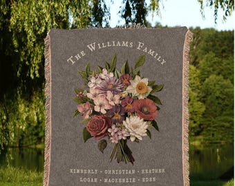 Birth Flower Bouquet Blanket Custom Family Names Gift for Family Birth Flower Garden Woven Throw Blanket Gift from Grandkids Nana's Garden