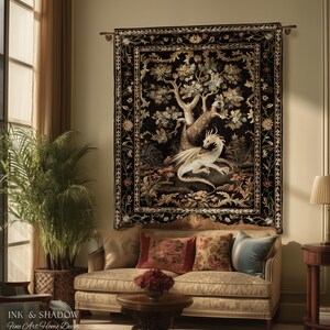May include: A rectangular wall tapestry featuring a central illustration of a white dragon resting beneath a large tree. The design includes a dark black background with intricate floral borders in shades of gold, green, and brown.