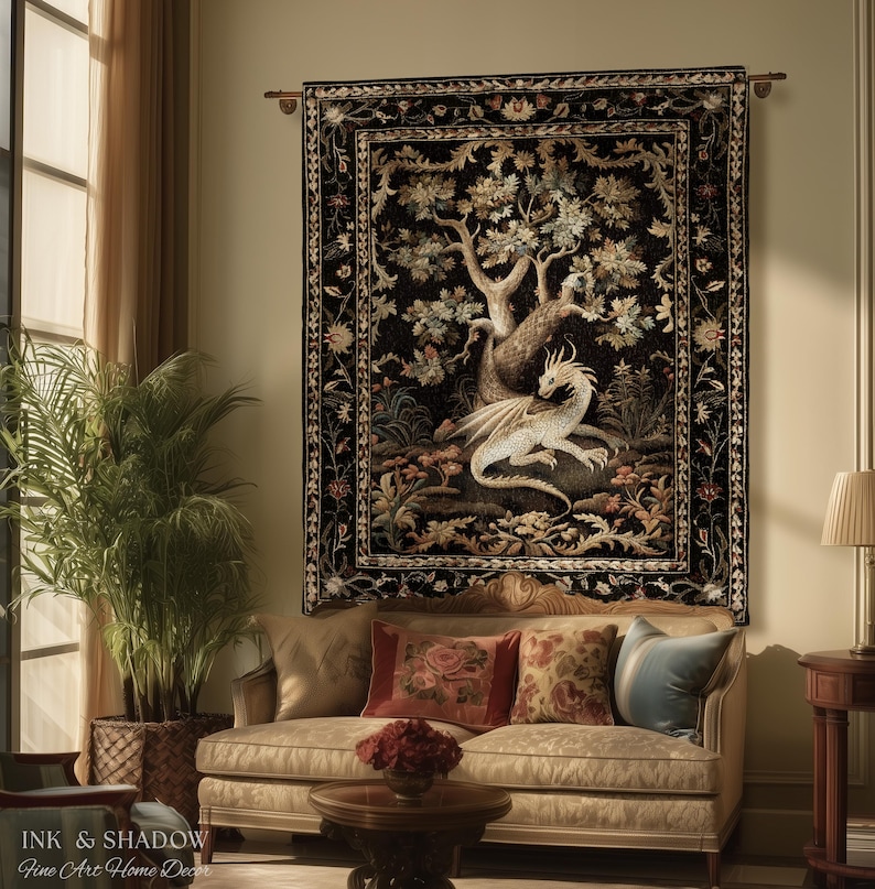 May include: A rectangular wall tapestry featuring a central illustration of a white dragon resting beneath a large tree. The design includes a dark black background with intricate floral borders in shades of gold, green, and brown.