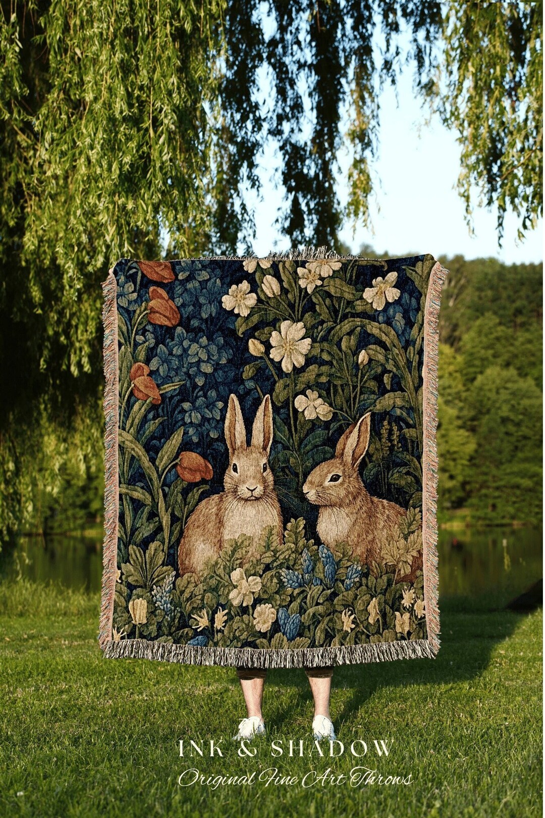 Cottagecore Rabbit Blanket Woven Folk Art Blanket Woven Tapestry