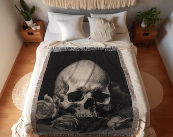 Skull Tapestry Woven Blanket | Gothic Room Decor Skull Tapestry Woven Wall Hanging | Renaissance Art Blanket Woven | Whimsigoth Room Decor |