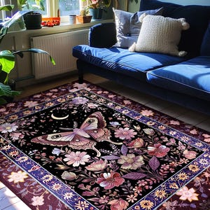 Purple Moth Celestial Rug Boho Fairycore Dark Floral Decor | Enchanted Fairy Cottagecore Butterfly Lovers Moth Moon Rug Whimsical Goth Gift Bild 9