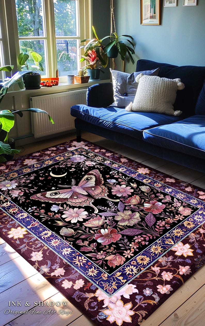 Purple Moth Celestial Rug Boho Fairycore Dark Floral Decor | Enchanted Fairy Cottagecore Butterfly Lovers Moth Moon Rug Whimsical Goth Gift Bild 9