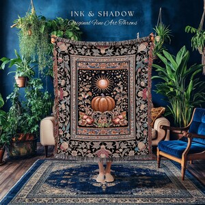 Baroque Elegance Fall Pumpkin Blanket | Aesthetic Fall Throw Spooky Season Gothiccore Witchy Cozy Autumn Blanket Rustic Fall Tapestry Woven image 9