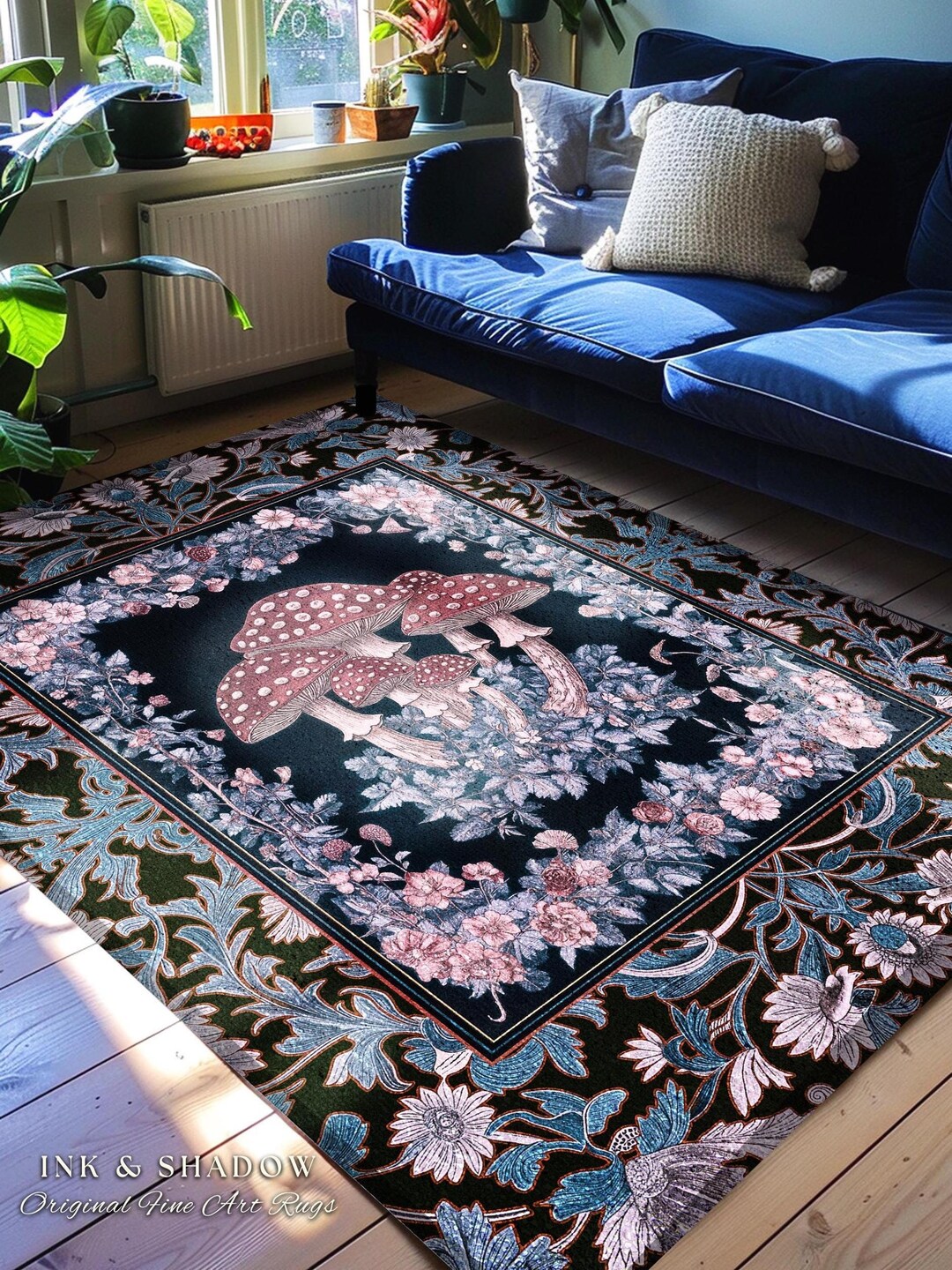 Fairy Blue Rug Foraging Fungi Mushroom Rug | Whimsical Eclectic Accent Rug for Fairy ...