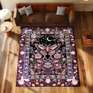 Purple Moth Celestial Rug Boho Fairycore Dark Floral Decor | Enchanted Fairy Cottagecore Butterfly Lovers Moth Moon Rug Whimsical Goth Gift Bild 1