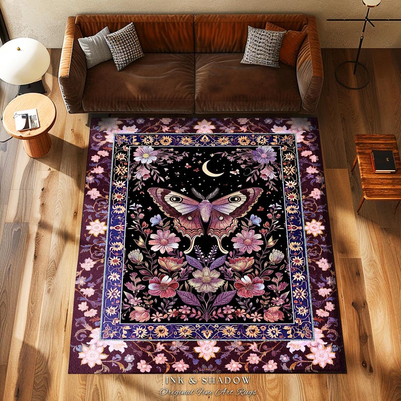 Purple Moth Celestial Rug Boho Fairycore Dark Floral Decor | Enchanted Fairy Cottagecore Butterfly Lovers Moth Moon Rug Whimsical Goth Gift Bild 1