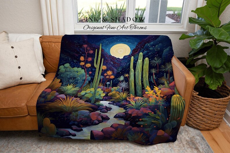 Moonlit Landscape Desert Throw Blanket Woven Tapestry Night Sky Cactus Blanket Desert Night Mystical Blanket Southwestern Boho Blanket Bild 6