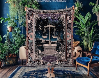 Dark Academia Libra Zodiac Tapestry Astrology Mystic Landscape Star Sign Blanket | The Scales Constellation Art Whimsigothic Celestial Throw