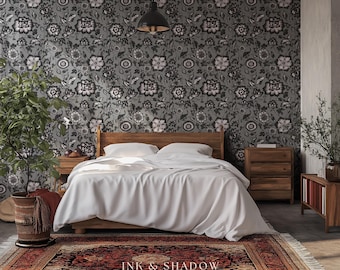 Dark Victorian Grayscale Wallpaper | Moody Home Accent Wall Renter Friendly Peel and Stick Dark Academia Floral Classic Pattern Neutral