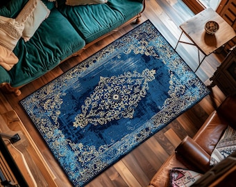Elegant Royal Blue Area Rug | Living Room Indigo Home Decor Rustic Aesthetic Dark Cottagecore Bedroom Boho Floor Mat For Living Room