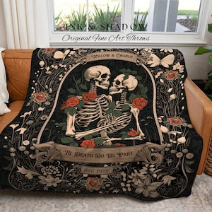 Dark Romantic Skeleton Blanket | Personalized Wedding Blanket Spooky Halloween Skeleton Tapestry His & Hers Anniversary Gift For Girlfriend